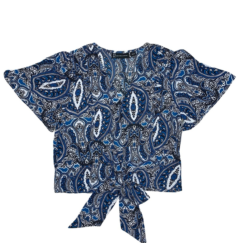 NY&C Cropped Tie Front Paisley Print Top Ruffle V Neck Relaxed Boho Casual Thin